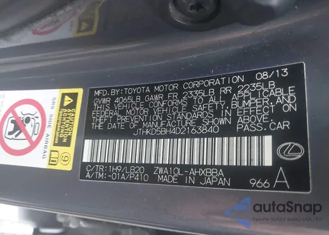 2013 Lexus Ct 200H z USA, uszkodzony, nr VIN JTHKD5BH4D2163840